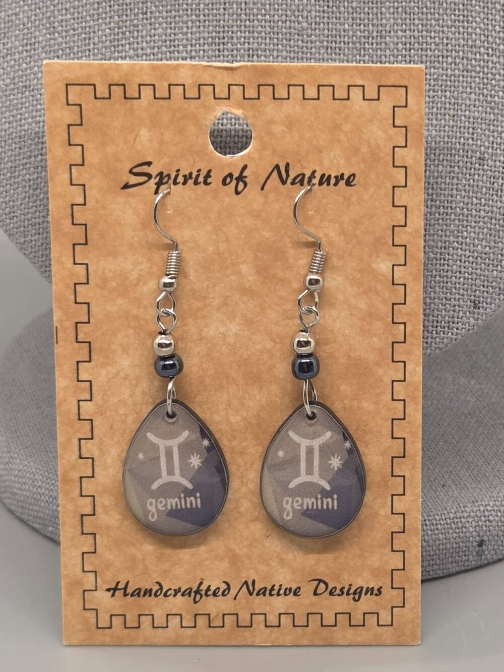 Spirit of Nature Earrings GEMINI - Astrological Sign- Tear Drop -Grey White